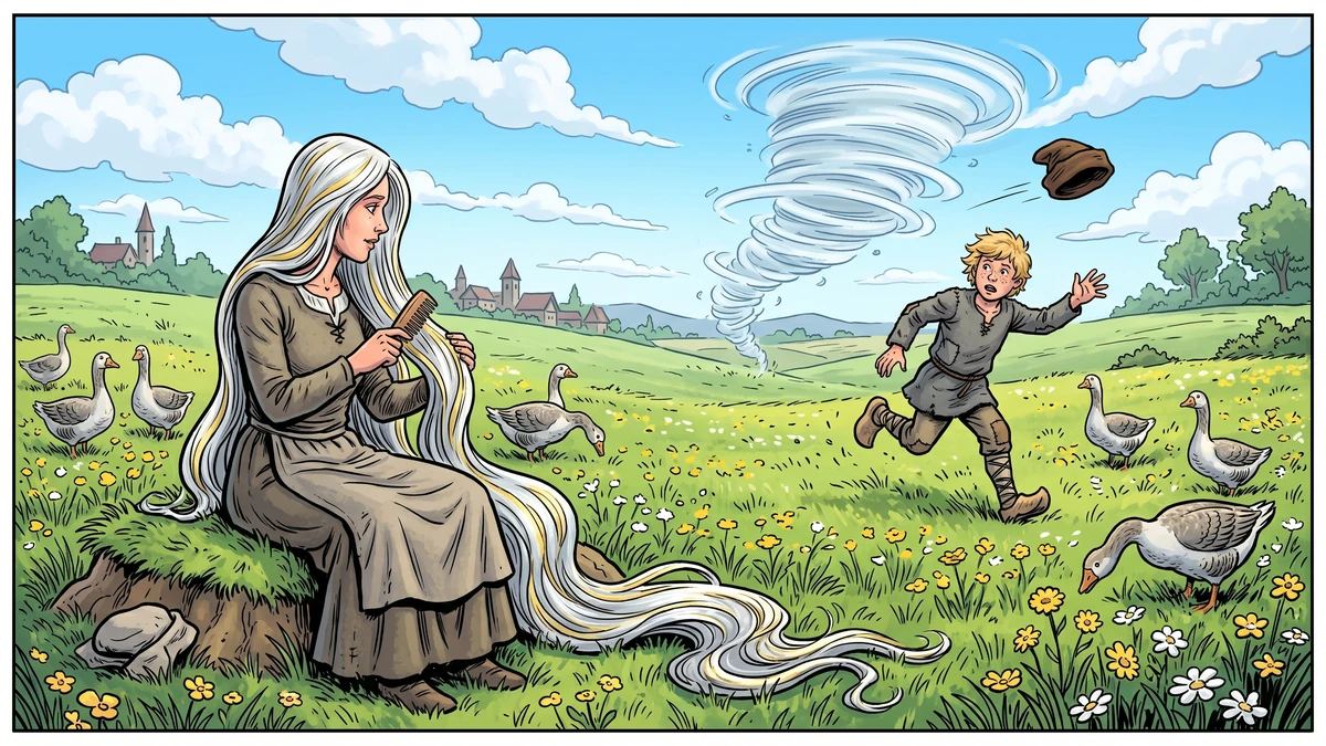The princess lets down her silver-gold hair in the meadow and the wind blows away Curdken's cap - Grimm KHM 89