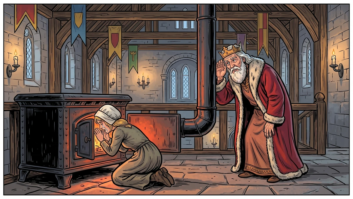 Princess speaks her secret into the iron stove (Eisenofen) while the wise old king listens at the chimney pipe - Grimm KHM 89