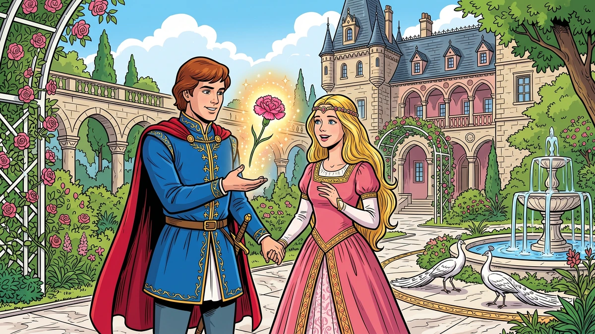 Young prince in royal-blue doublet stands hand-in-hand with golden-haired maiden in rose-pink gown as bright pink carnation materialises mid-air in glowing light, white peacocks and Hesse-Cassel palace beyond, ACK Amar Chitra Katha style