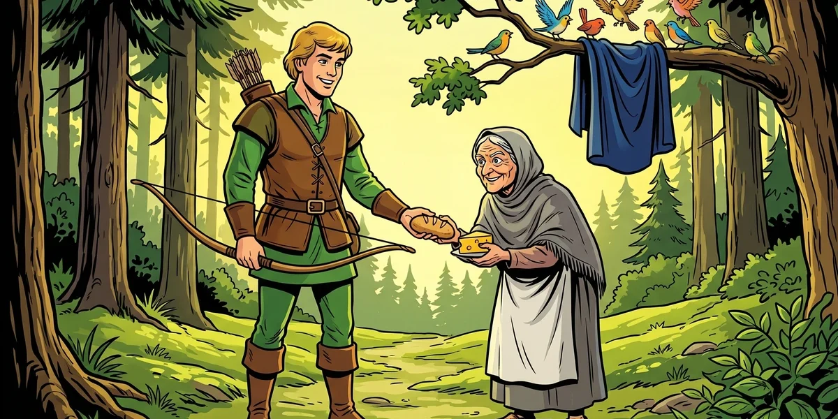 Young German huntsman in green tunic offers bread and cheese to a small bent old peasant woman in a pine forest while nine bright birds quarrel over a magical blue wishing-cloak in a high oak tree above them, ACK-style illustration of Brothers Grimm