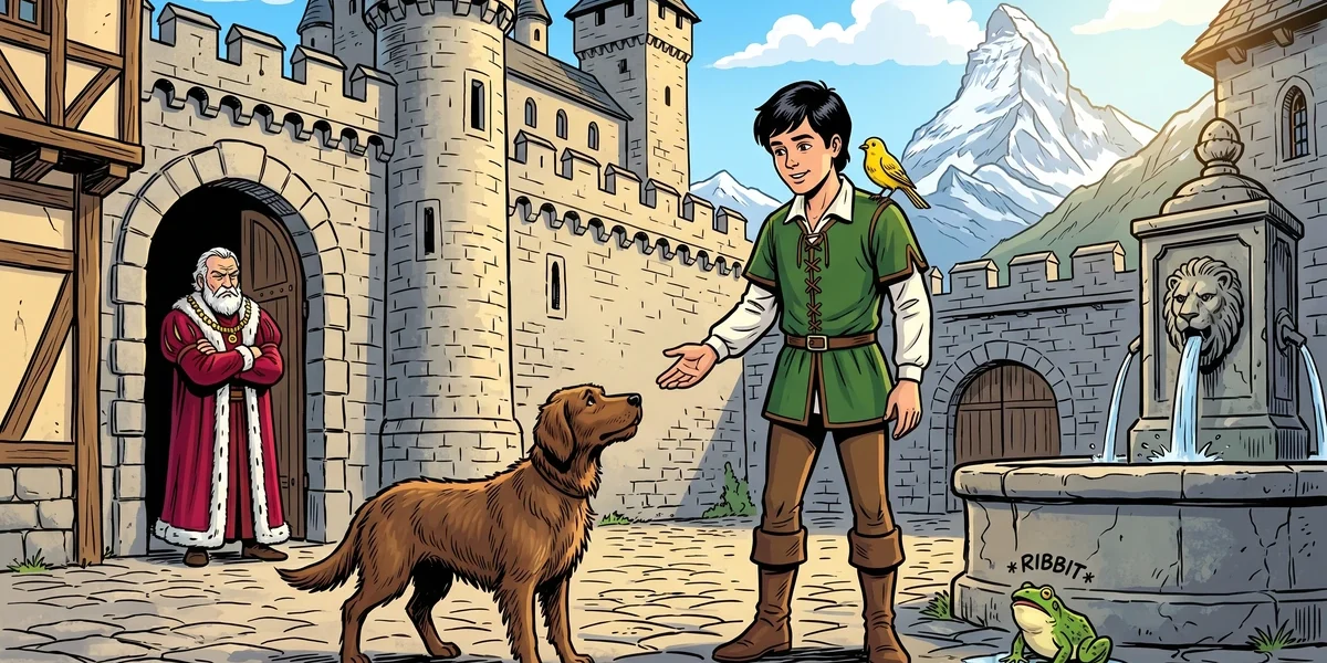 Young Swiss-Alpine count's son in a green tunic stands in a stone alpine castle courtyard with a brown hunting-dog at his feet, a yellow songbird on his shoulder, a green frog by a fountain, and his disappointed bearded father in a crimson robe in th