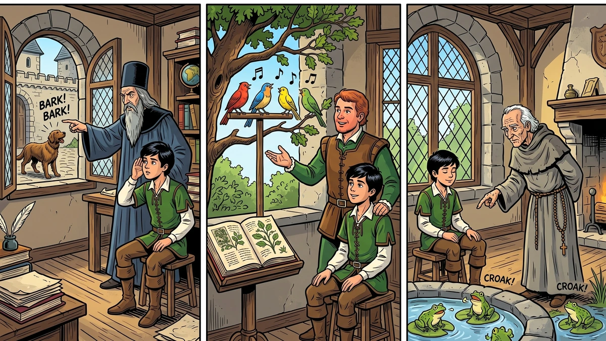 ACK-style triptych - three Swiss medieval study chambers showing the same young count's son being taught the language of dogs by a stern blue-robed master, the language of birds by a green-doubleted master pointing at songbirds on an oak branch, and the language of frogs by a grey-robed master pointing at frogs in a pond - Grimm The Three Languages KHM 33