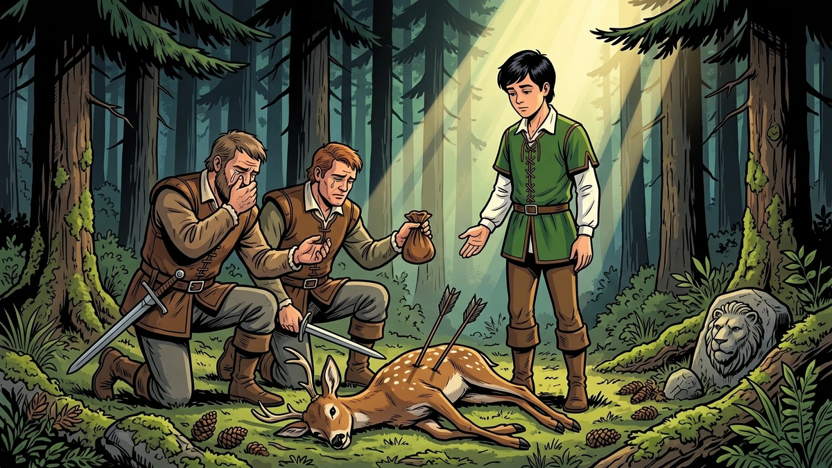 ACK-style scene - in a deep dark Alpine pine forest, two burly Swiss servant-men in brown leather jerkins kneel before the gentle young count's son, lowering their swords and offering him a small leather pouch as a young brown spotted deer lies dead on the moss with arrows in its flank - Grimm The Three Languages KHM 33