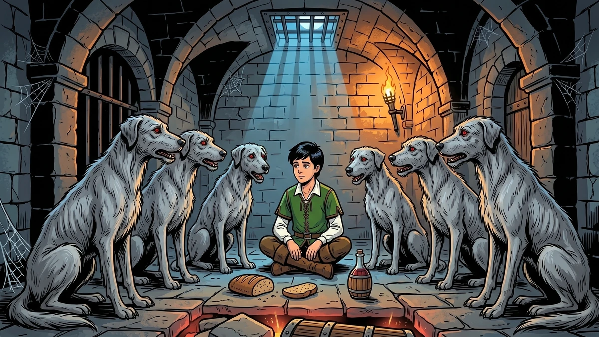 ACK-style scene - in a cold stone vaulted Swiss castle cellar lit by a single torch, the young count's son sits cross-legged with bread and a flask of wine while six gaunt grey hell-hounds with red eyes sit in a half-circle around him in earnest mid-growl-speech, with a corner of an oak treasure-chest glowing with red gold beneath a flagstone - Grimm The Three Languages KHM 33