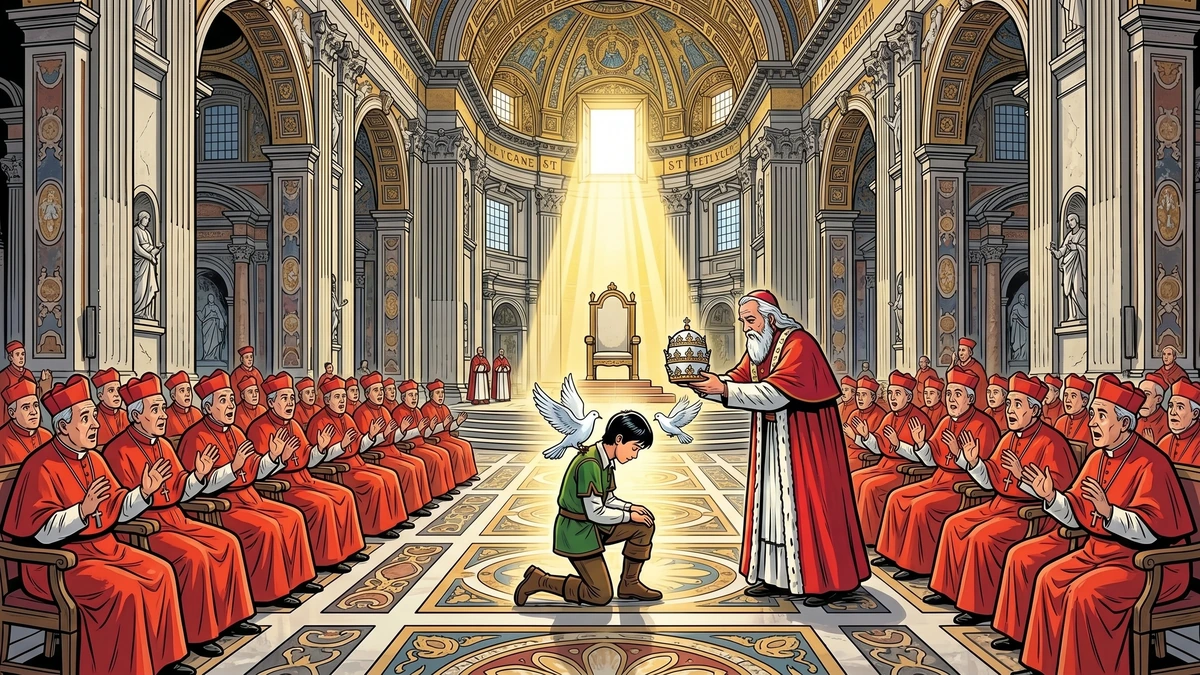 ACK-style scene - inside a vast marble Roman basilica with rows of seated cardinals in scarlet robes, the young count's son in his road-stained green tunic kneels at the centre as two pure white doves alight on his shoulders in a radiance of golden divine light from a high apse window, while the eldest white-bearded cardinal holds out a silver papal tiara - Grimm The Three Languages KHM 33