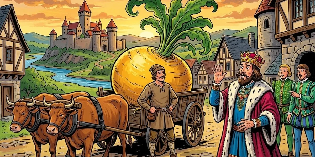 Brothers Grimm The Turnip — peasant gardener delivering giant turnip on ox-cart to the king at his castle gate, ACK comic illustration
