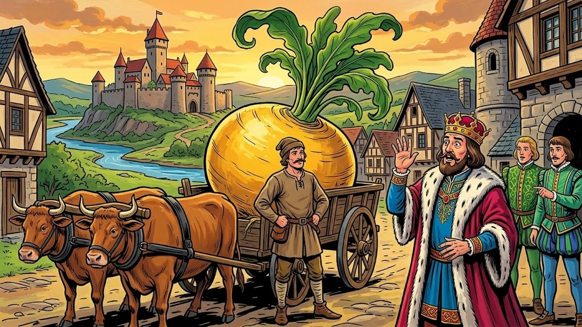 Brothers Grimm The Turnip — peasant gardener delivering giant turnip on ox-cart to the king at his castle gate
