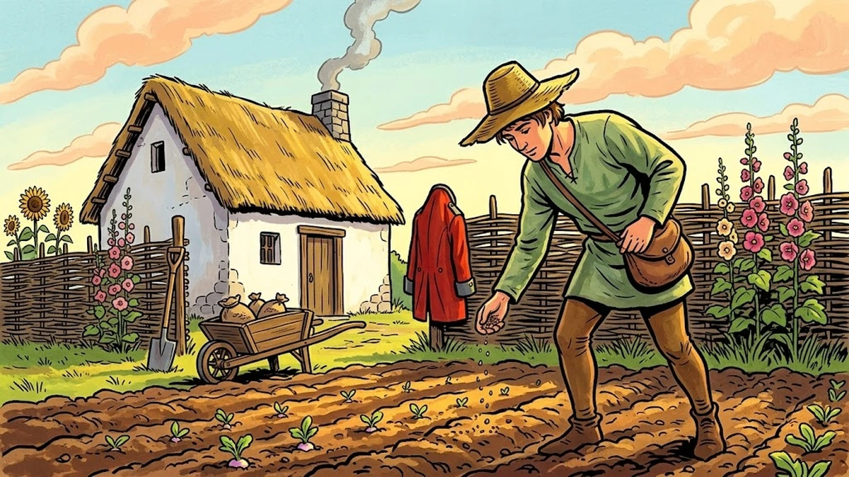 The Turnip — poor brother sowing turnip seeds outside his thatched cottage