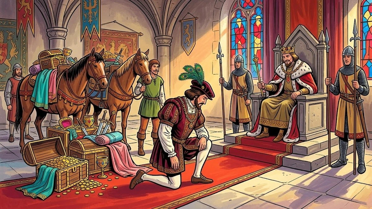 The Turnip — rich brother kneeling before the king with treasure-laden horses