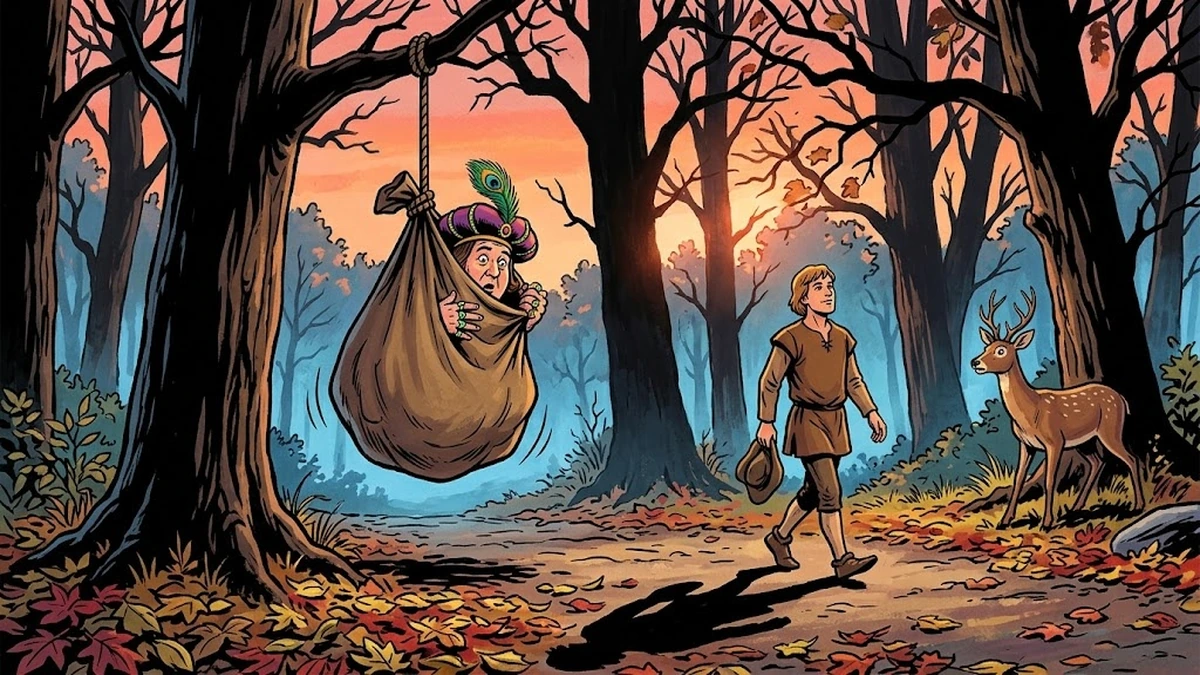 The Turnip — rich brother trapped in the swinging sack at twilight while the poor brother walks away