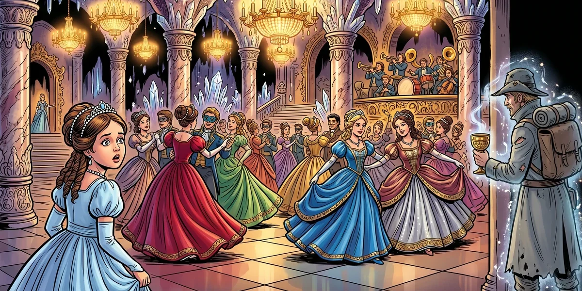 The Twelve Dancing Princesses Amar Chitra Katha cover - twelve princesses dance in a glittering underground crystal palace ballroom