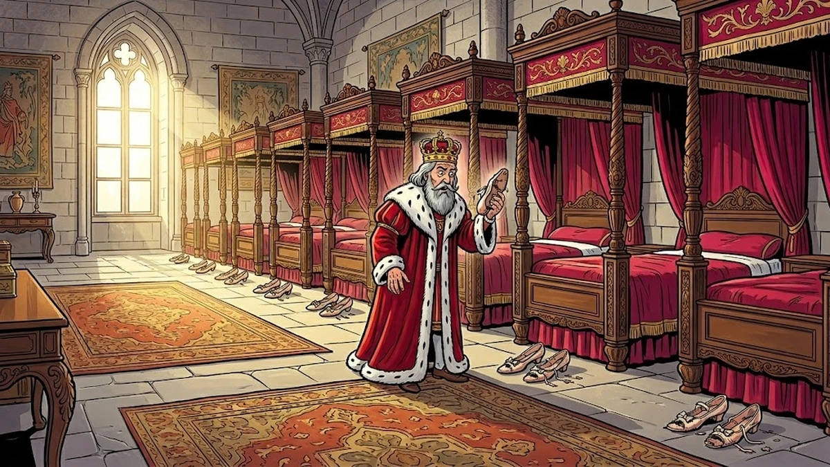 The astonished king discovers twelve pairs of dancing slippers worn out beneath each bed in the morning sun