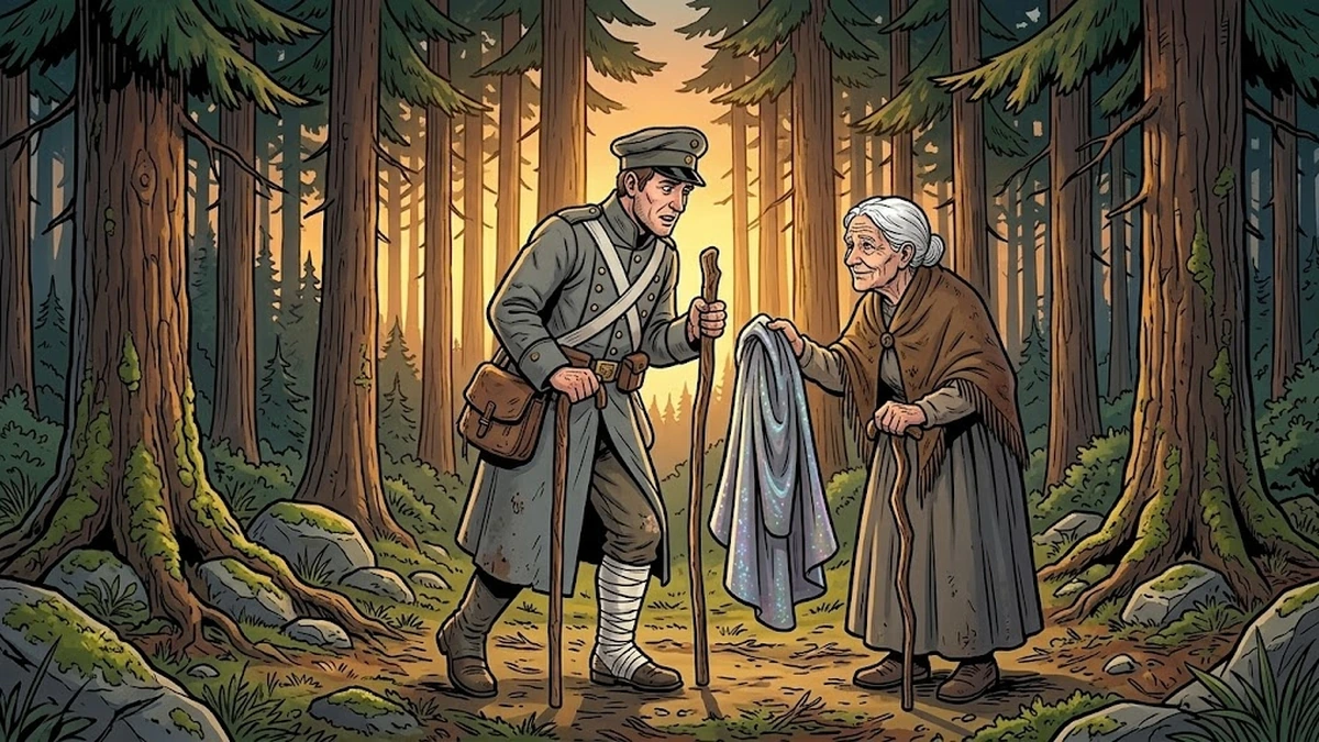 The wounded soldier meets the wise old woman at the edge of the German pine forest who hands him an enchanted invisibility cloak