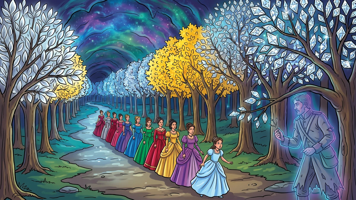 The twelve princesses glide through the underground enchanted forest of silver, gold, and diamond trees while the invisible soldier breaks a diamond twig