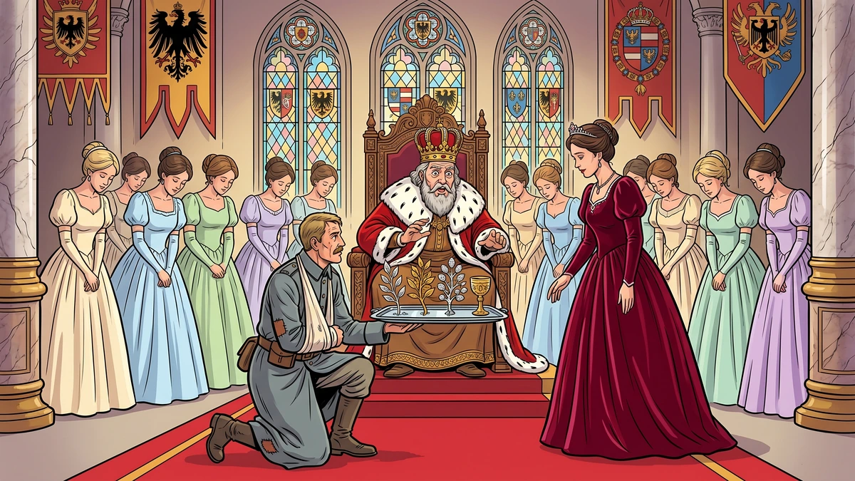 The wounded soldier kneels before the king and presents the silver, gold, and diamond twigs as proof, with the twelve princesses behind
