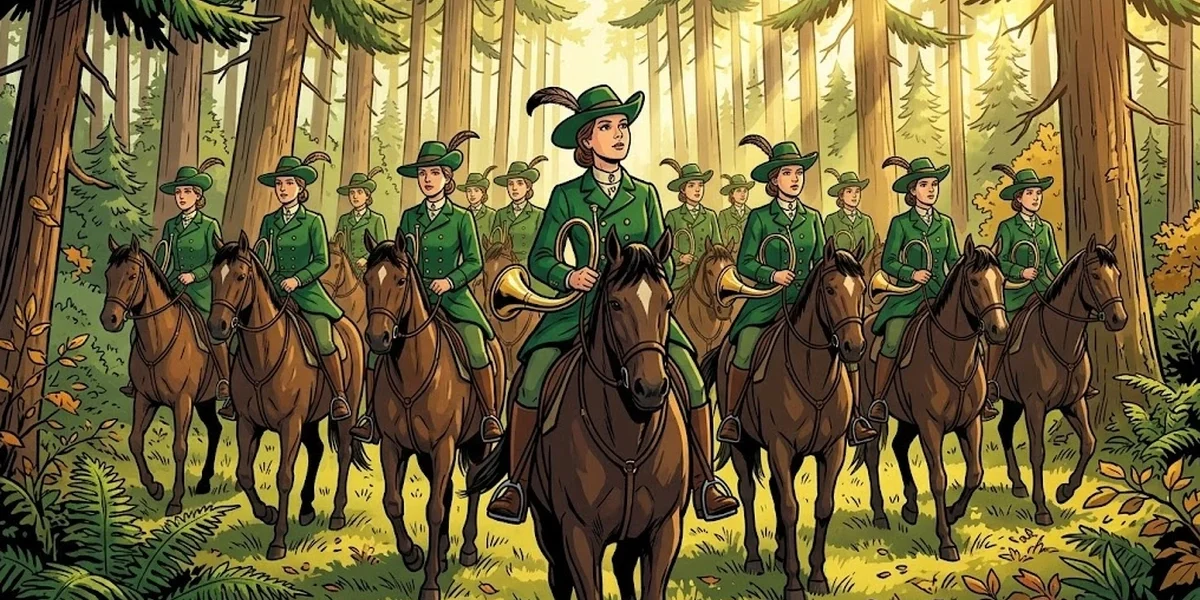 The Twelve Huntsmen Amar Chitra Katha cover - twelve identical young women in green hunting coats ride through a German pine forest