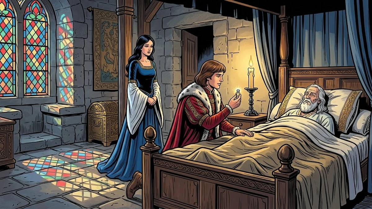 The grieving prince at his dying father bedside holds up the ring of remembrance to his beautiful first betrothed in a stained-glass medieval German chamber
