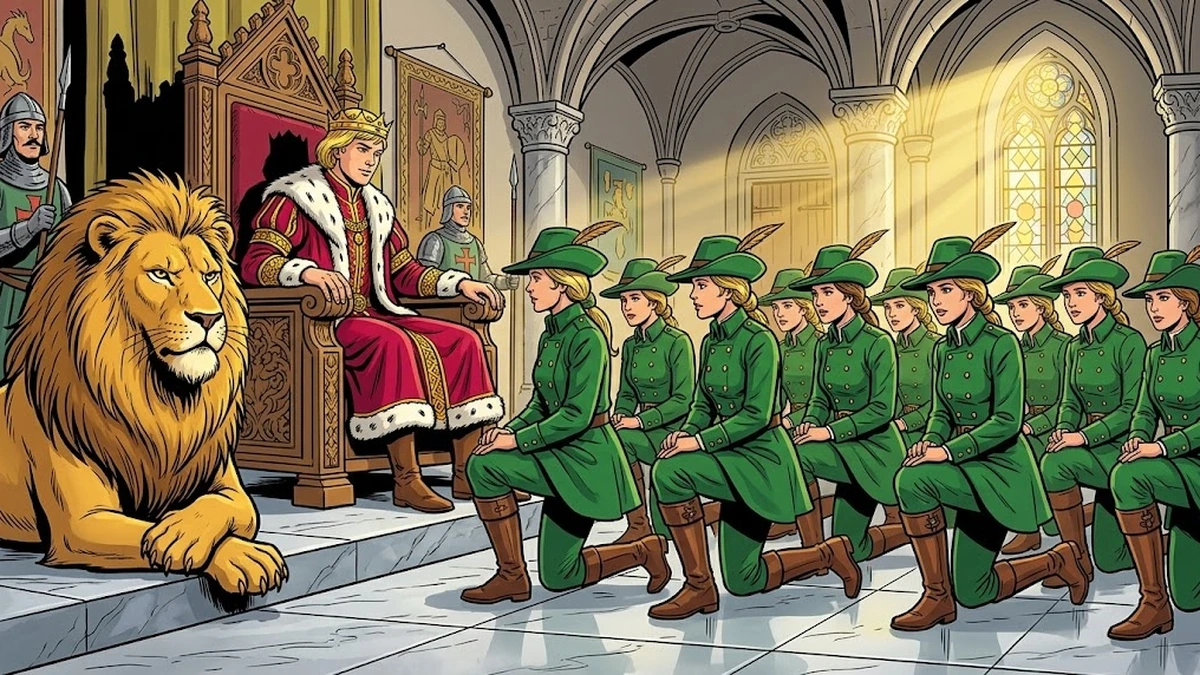 The twelve identical green-coated huntsmen kneel before the young king in the marble throne room while the wise old golden lion looks on with narrowed eyes