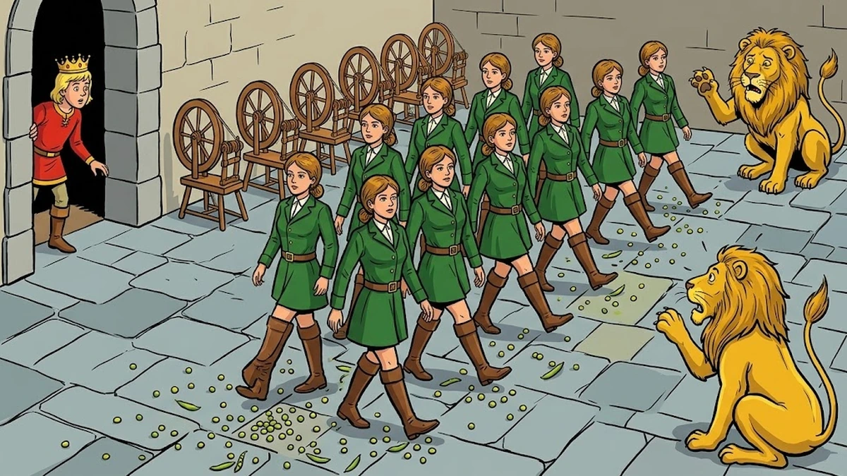 The huntsmen stride evenly across an antechamber strewn with peas, ignoring the row of spinning wheels, while the baffled lion crouches in the corner
