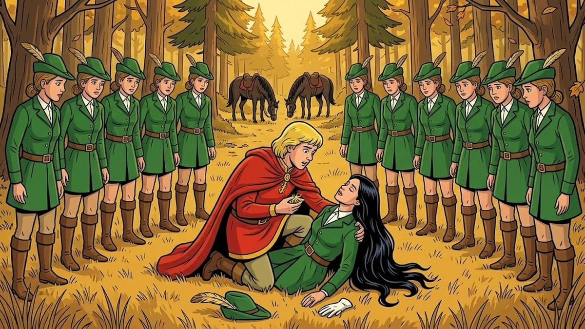 The young king kneels in the autumn forest cradling the unconscious chief huntsman whose hair has fallen free; her gold ring of recognition shines as her glove is removed