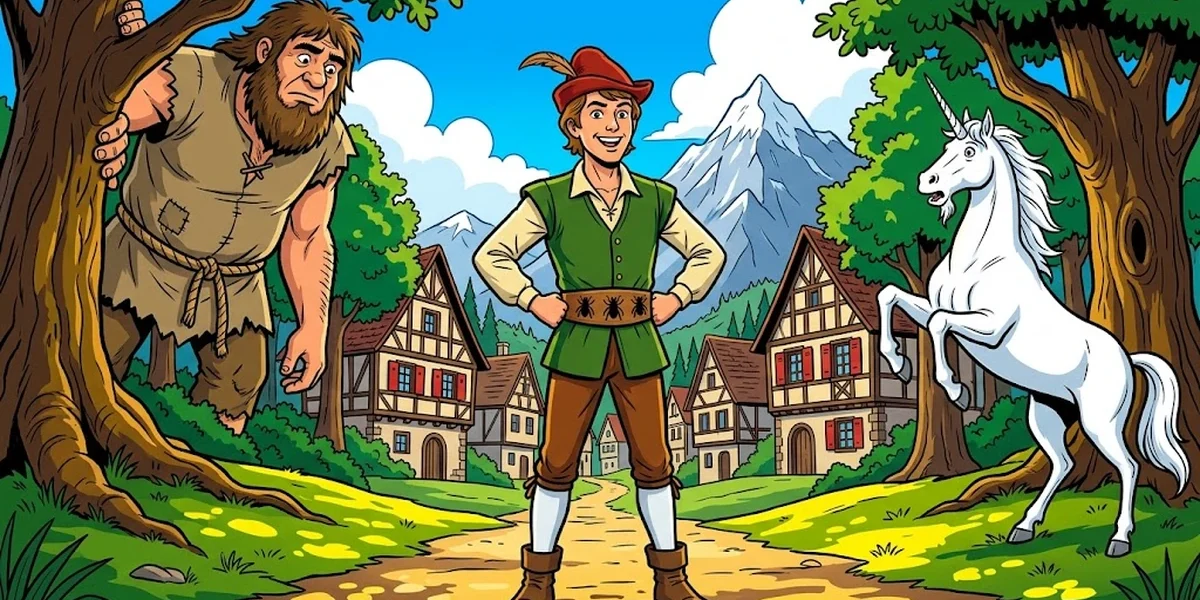 ACK style hero cover image of The Valiant Little Tailor (Brothers Grimm KHM 20) — slim young 19th-century German peasant tailor in green jerkin and red felt cap with belt of seven flies, mountain giant looking down behind a tree at left, white horned