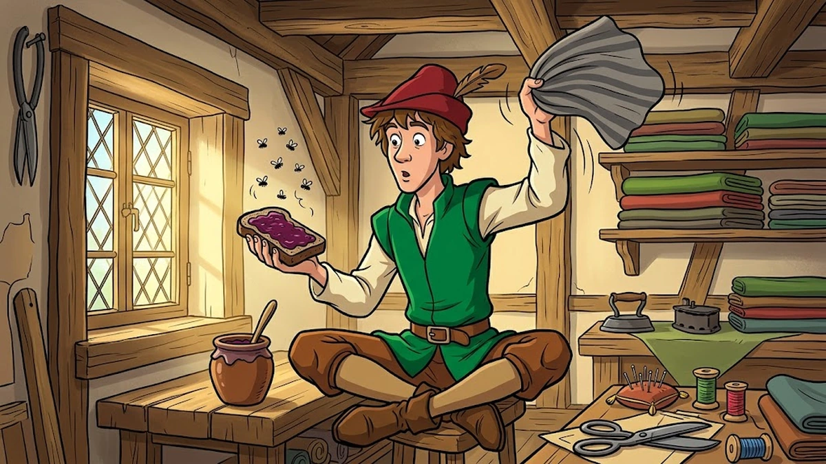 ACK style Beat 1 scene of The Valiant Little Tailor — the German tailor on his workshop bench by a leaded-glass window swinging a strip of grey cloth at seven flies on a slice of plum-jam bread, Brothers Grimm KHM 20 ATU 1640