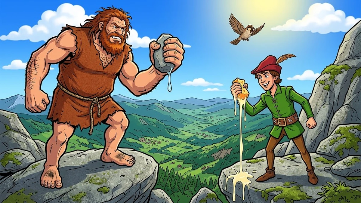 ACK style Beat 2 scene of The Valiant Little Tailor — the giant on a mountain summit boulder squeezing water from a stone, the small German tailor squeezing whey from cheese, a sparrow flying free in the sky, ATU 1640 Brothers Grimm