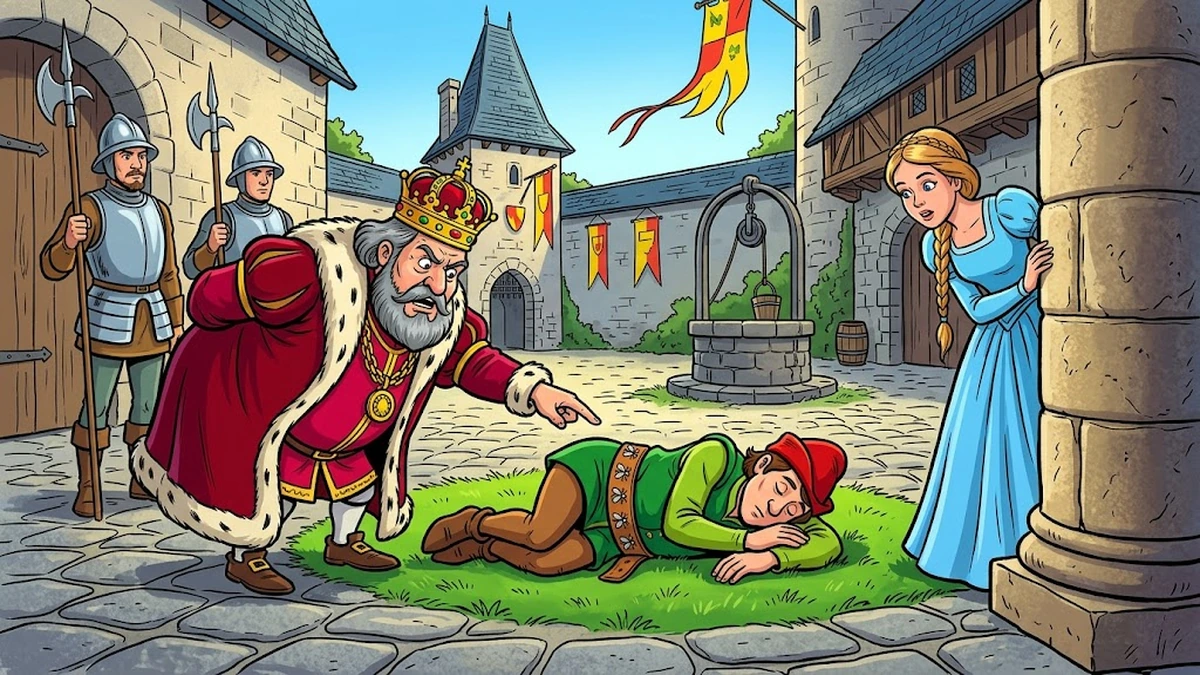 ACK style Beat 3 scene of The Valiant Little Tailor — the tailor asleep on grass in a German castle courtyard, the king pointing astonished at the seven-flies belt, two soldiers with halberds and the princess in sky-blue gown peering from a stone column, KHM 20