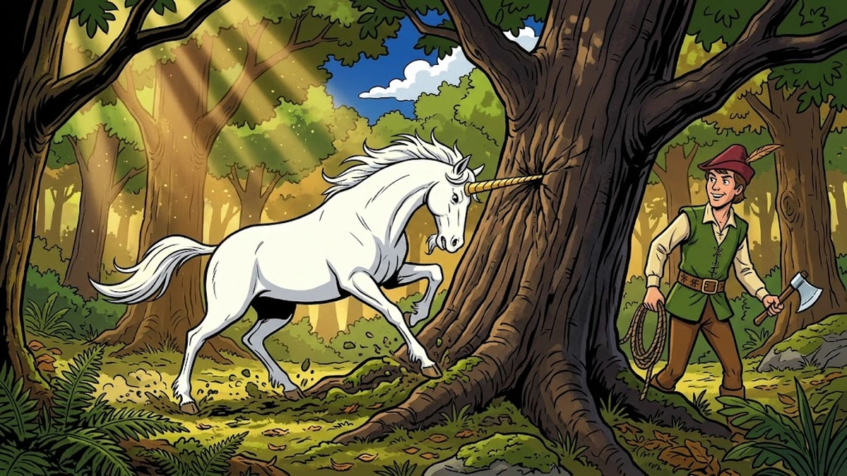 ACK style Beat 4 scene of The Valiant Little Tailor — white unicorn with golden spiral horn driven deep into the bark of an oak tree, the German tailor stepping out from behind the oak with rope and axe ready, sunlit forest clearing, Brothers Grimm KHM 20