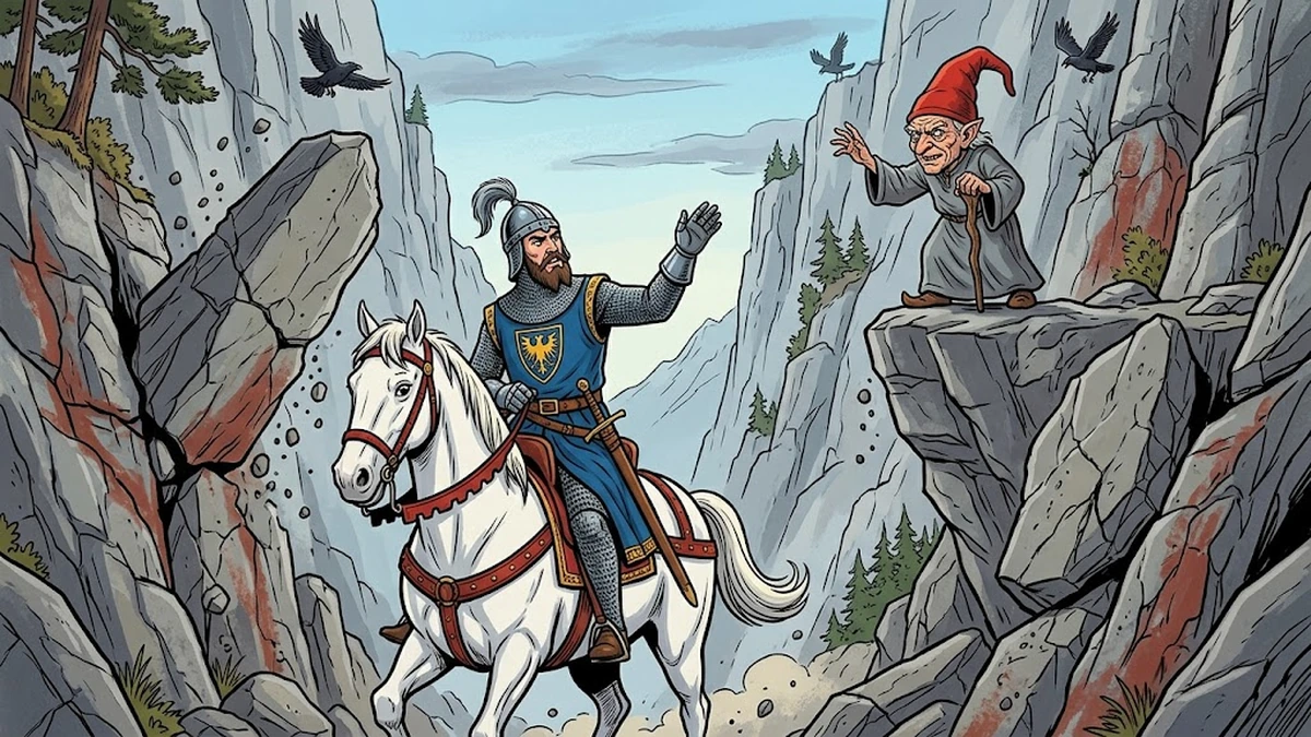 The eldest prince meeting the dwarf in the rocky valley