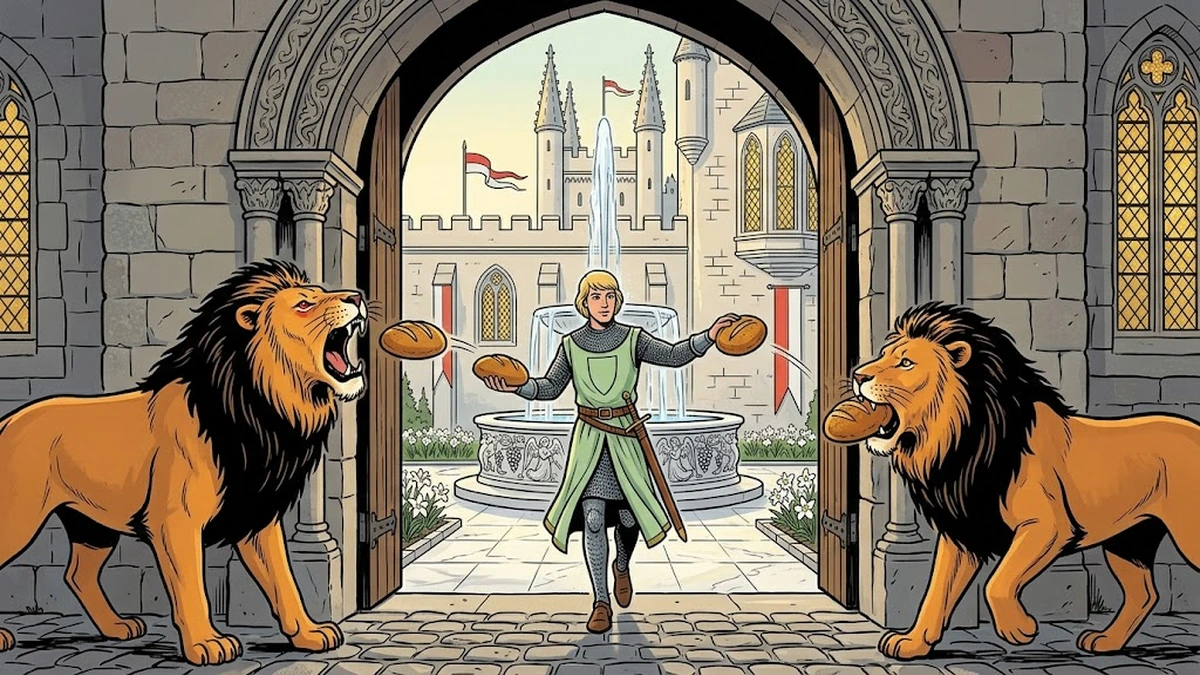 The youngest prince entering the enchanted castle gate flanked by two lions