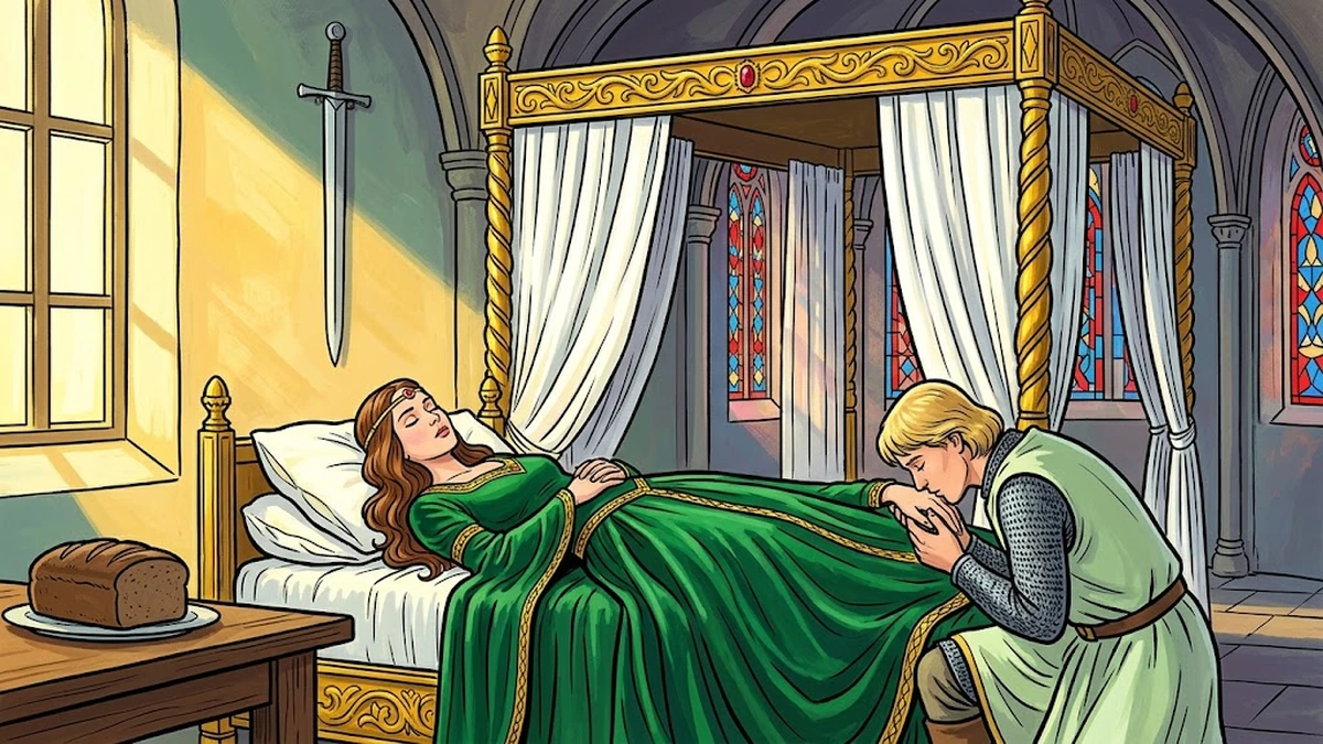 The youngest prince kissing the sleeping princess's hand