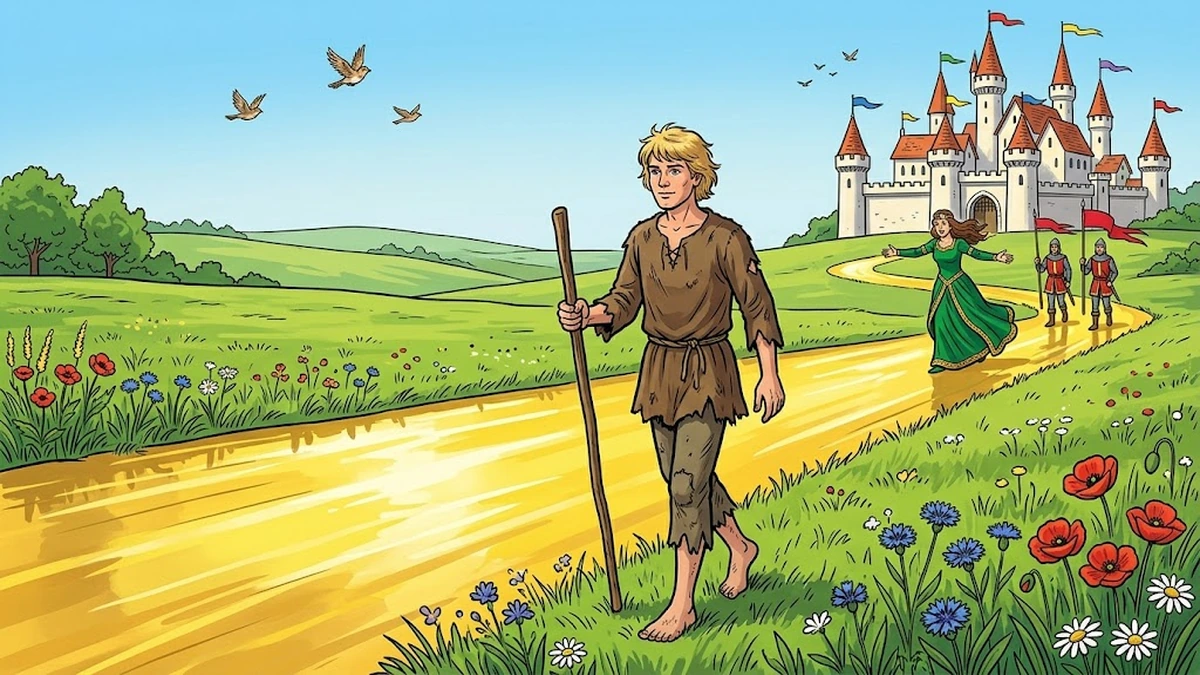 The youngest prince in beggar's rags walking beside the road of gold