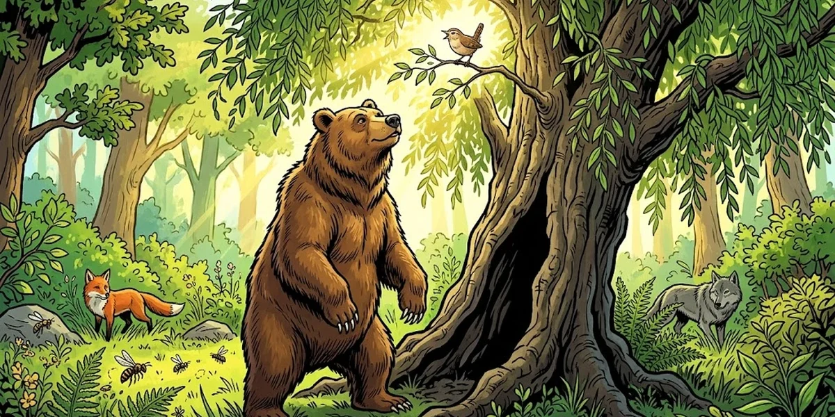 A great brown bear stands at the base of a hollow willow tree in a sunny Hessian forest while a tiny willow-wren sings from a branch above
