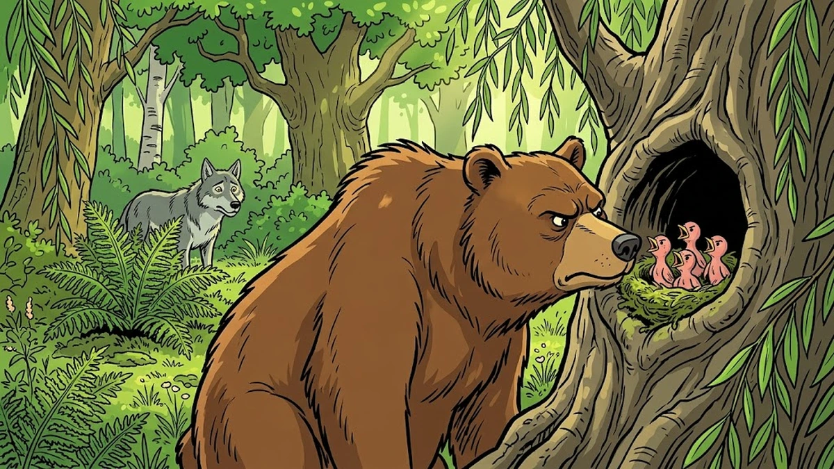 The brown bear pokes his snout into the willow hollow and sees five baby wrens