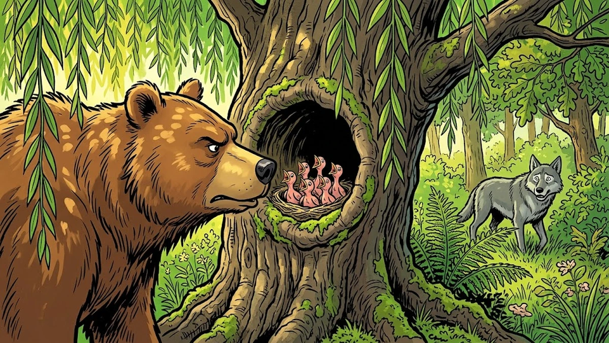 A tiny willow-wren on a moss-covered rock declares war on the bear