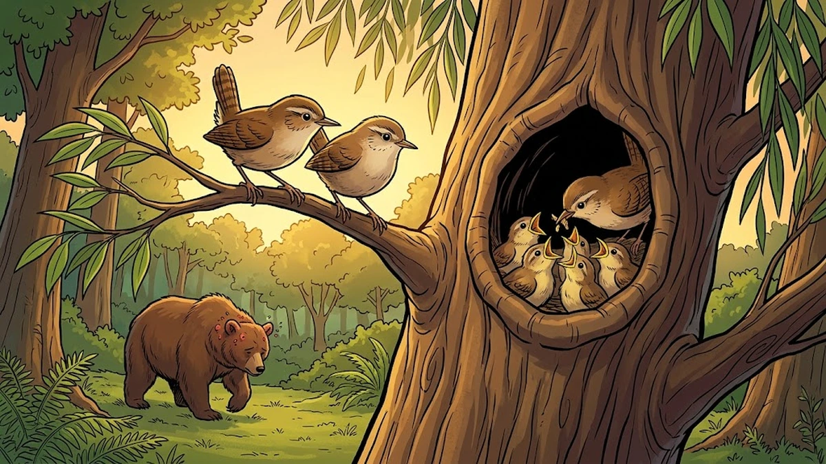 The willow-wren family at peace at golden hour while the bear walks away