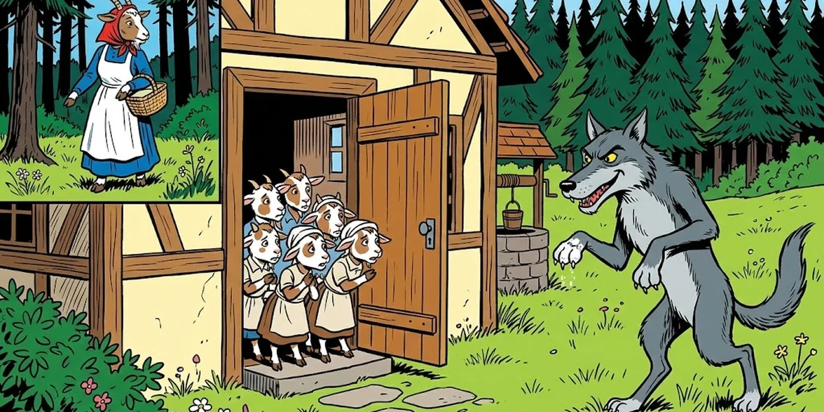 The wolf with white-flour paw sneaks toward the cottage as seven little goat-kids peer anxiously from the doorway and their mother slips into the dark forest
