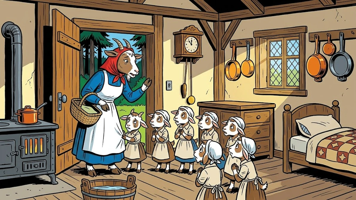 Mother goat warns her seven little kids before going out to the forest