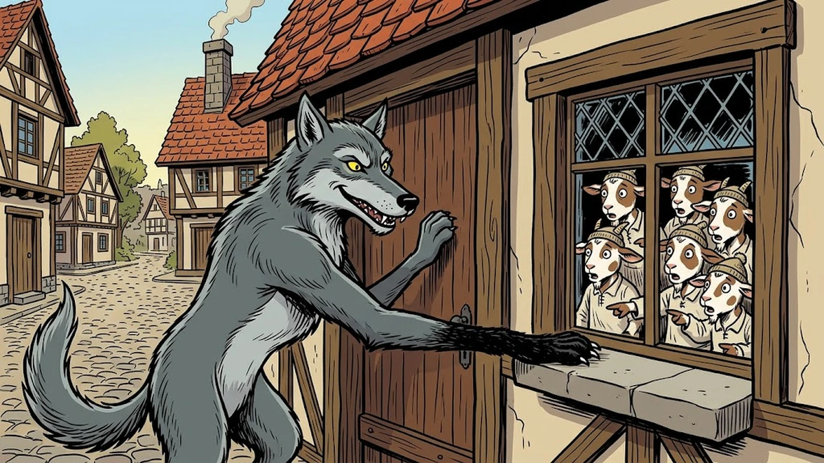 The wolf shows his black paw at the windowsill of the cottage