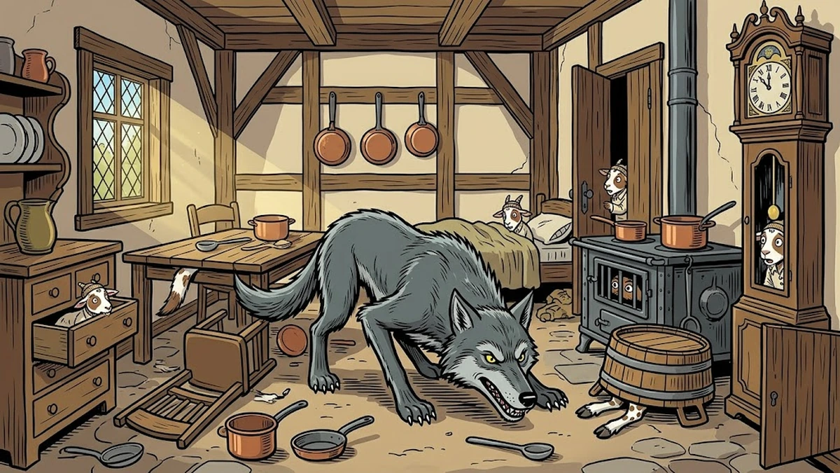 Wolf hunts through the cottage while six kids hide and the youngest tucks into the pendulum clock