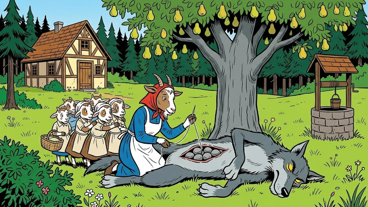 Mother goat stitches up the sleeping wolf belly full of stones in the meadow