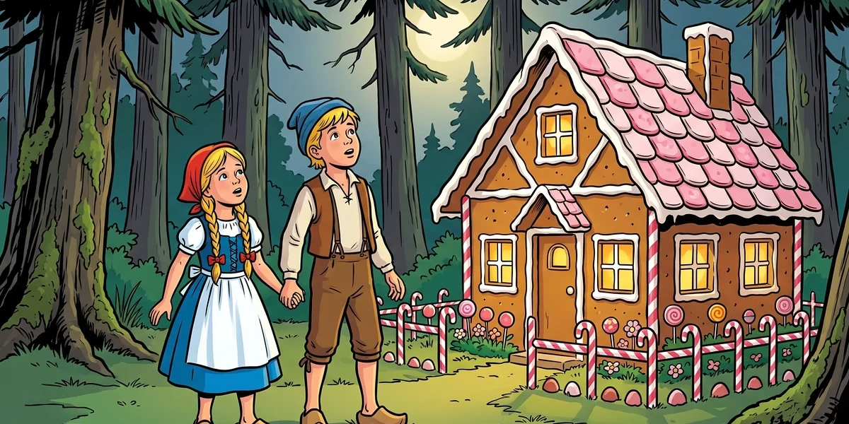 Hansel and Gretel cover - gingerbread cottage in dark Hessian forest