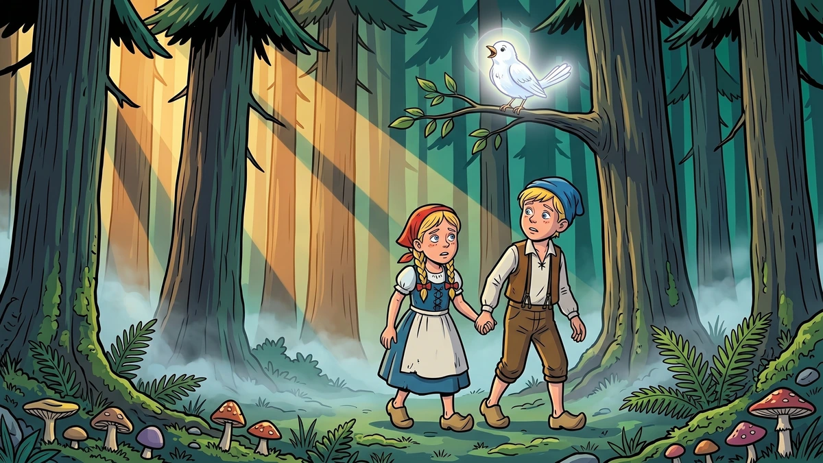 Snow-white bird guides Hansel and Gretel through misty forest