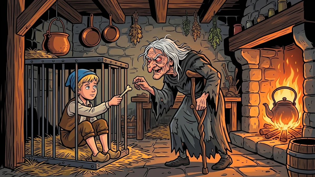 Hansel in iron cage shows witch a chicken bone, KHM 15