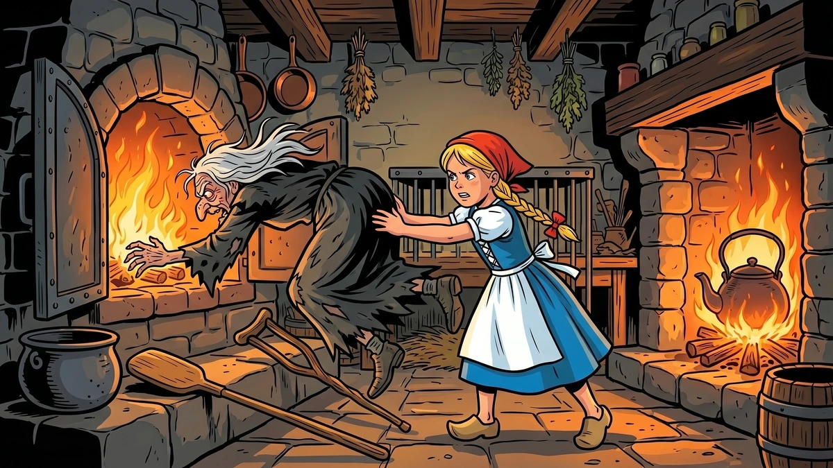 Gretel pushes witch into burning oven - Hansel and Gretel climax