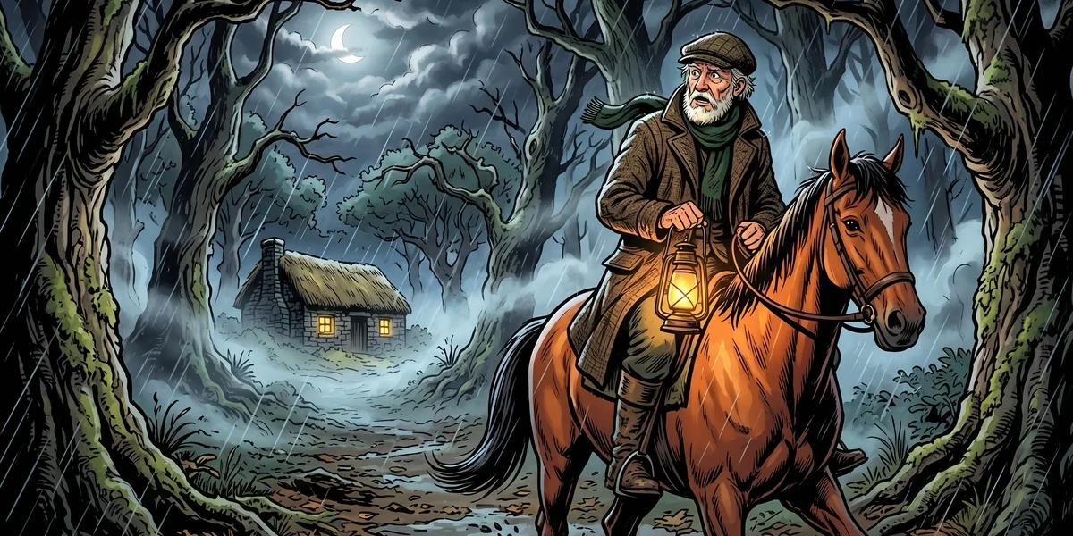 Andrew Coffey, an elderly Irish farmer, rides through a stormy moonlit Donegal oak forest with a brass lantern, a glowing thatched cabin visible through the mist - Celtic fairy tale cover illustration in Amar Chitra Katha style