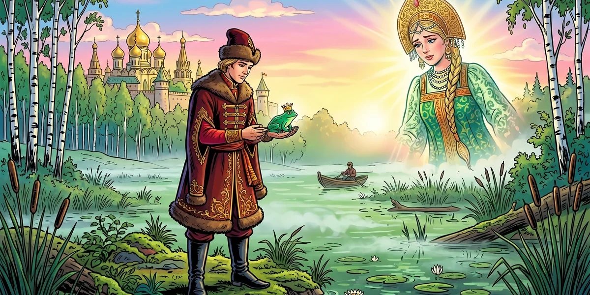 Ivan Tsarevich cradles the emerald frog princess at the misty swamp with a translucent vision of Vasilisa Premudraya behind him - The Frog Princess Russian folk tale