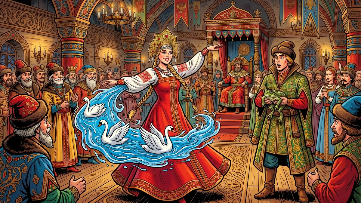 The three princes shoot their betrothal arrows at dawn - Ivan's arrow falls into the green swamp where the frog princess waits on a mossy stone