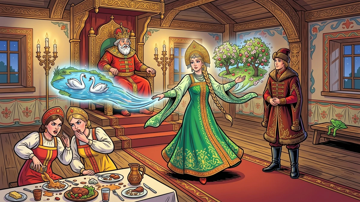 Vasilisa Premudraya dances at the royal feast - her left sleeve raises a lake of swans, her right sleeve a blossoming apple garden